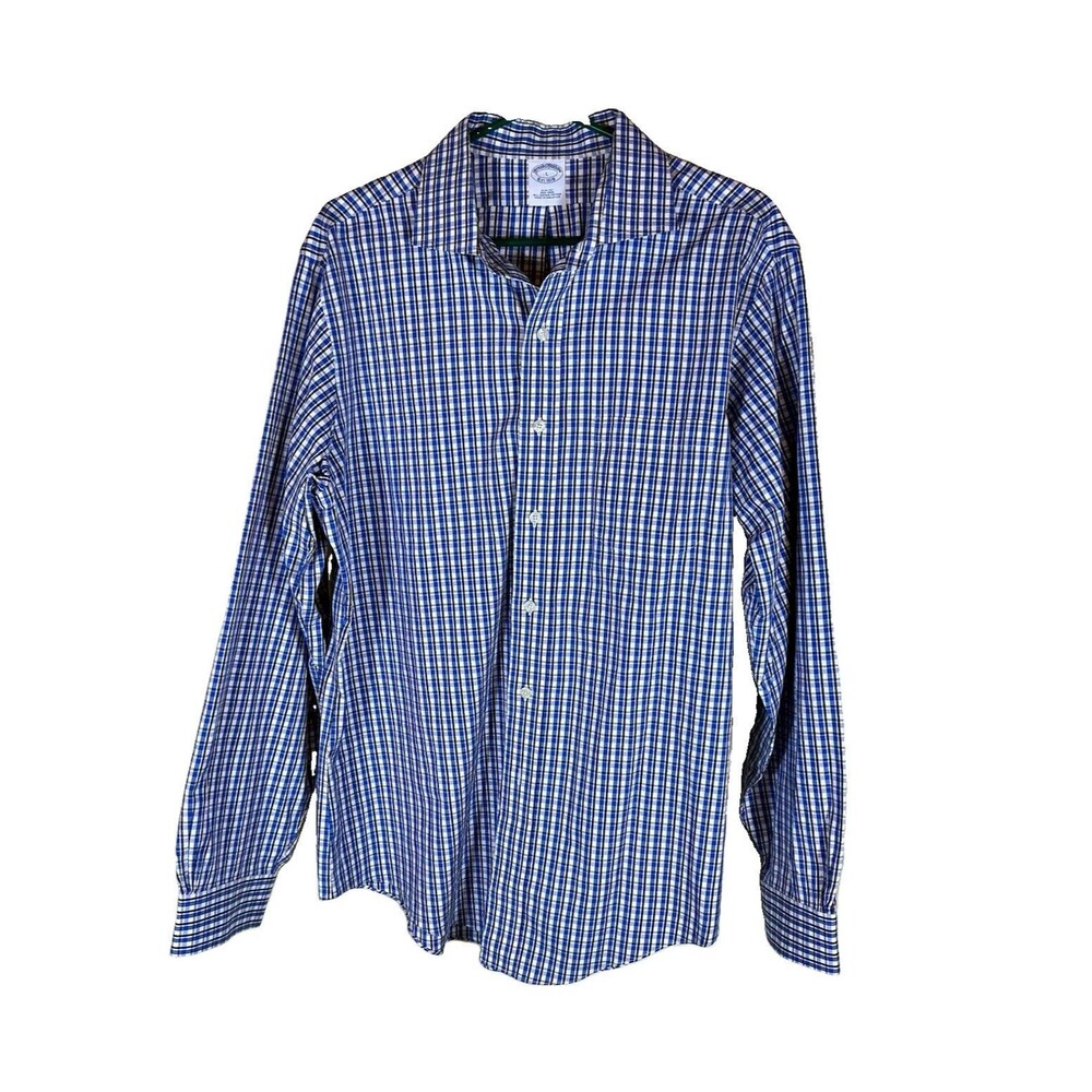 Brooks Brothers Slim Non-Iron Dress Shirt Blue White Brown Check L 32/33 1818